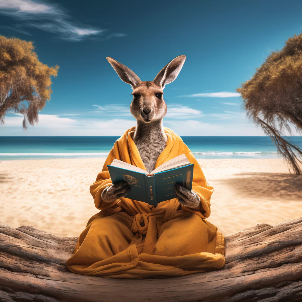 A philosopher kangaroo reading on the beach.